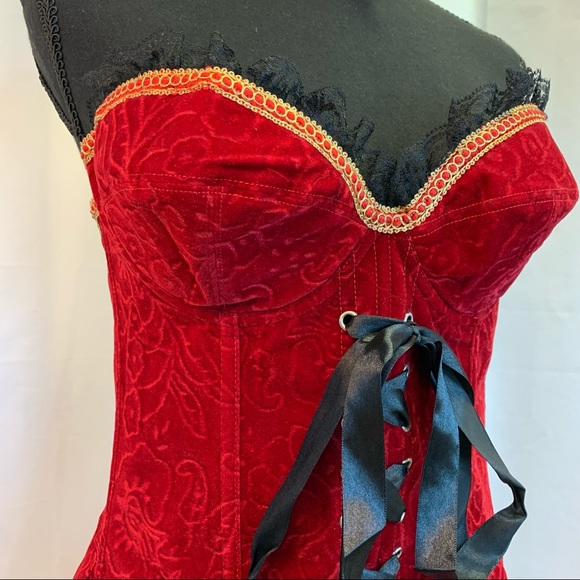 Sexy Costume Burlesque Corset Vampire Red Pirate, Velvet Velour Bustier  SZ L - Picture 6 of 14